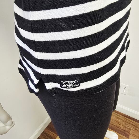 LRL Ralph Top Blouse Lauren Size S Short Sleeve Navy Stripe Button Detail Cotton - Picture 5 of 7